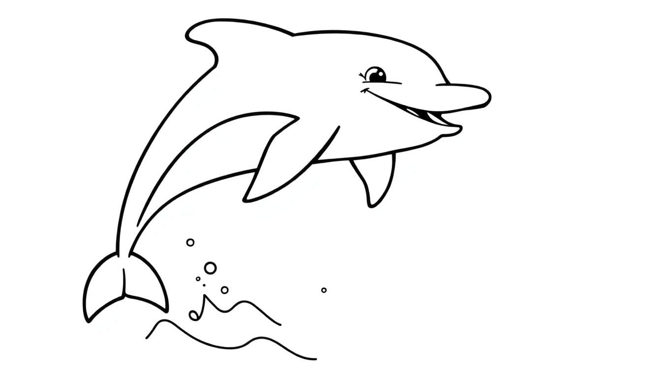 Placa de color de un delfín de dibujos animados sonriente saltando fuera del agua con burbujas y olas.