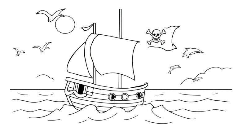 Placa de color de un barco pirata amigable en el mar con gaviotas y delfines.
