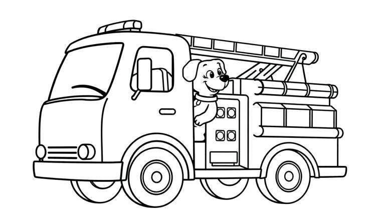 Camión de bomberos amigable con un perro sonriente en la puerta del conductor, listo para colorear, con la palabra placa de color.