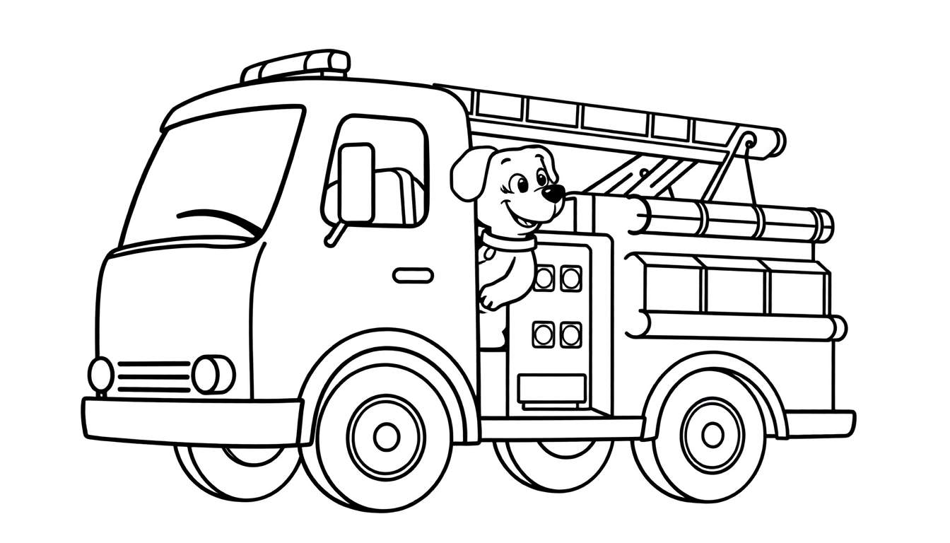 Camión de bomberos amigable con un perro sonriente en la puerta del conductor, listo para colorear, con la palabra placa de color.