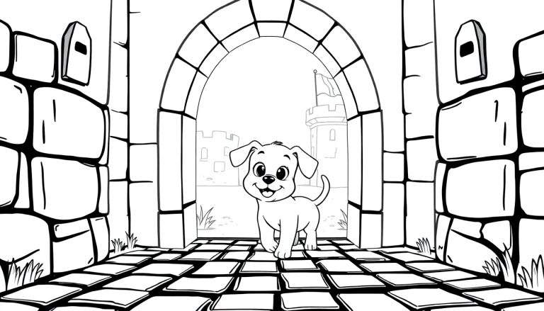 Perro feliz explorando un castillo en una placa para colorear.