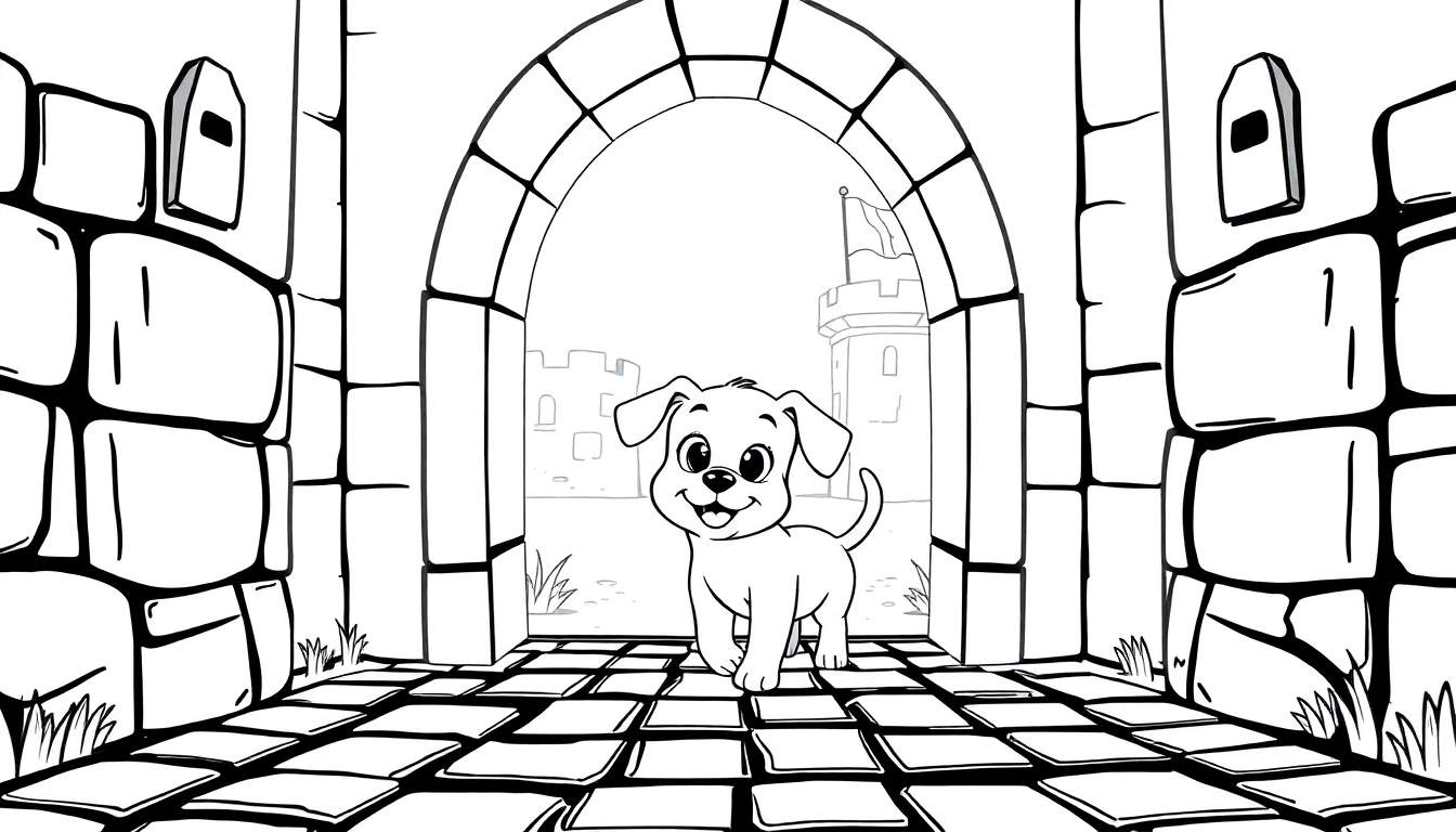 Perro feliz explorando un castillo en una placa para colorear.