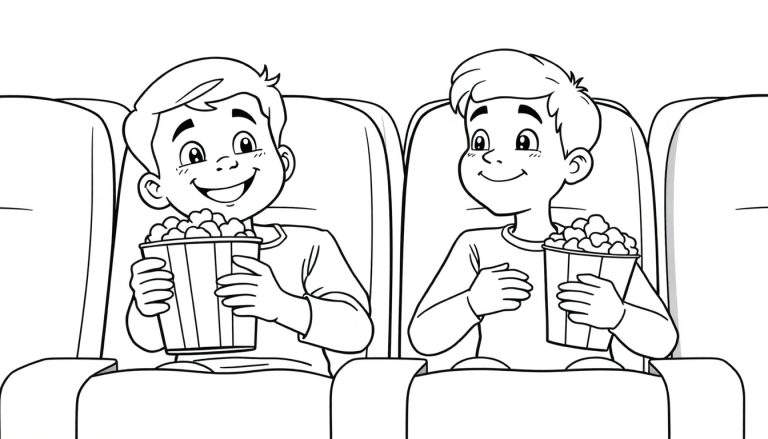 Placa de color de dos niños felices en el cine con palomitas.