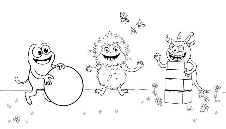 Tres adorables monstruos de dibujos animados sobre una placa de color para colorear.