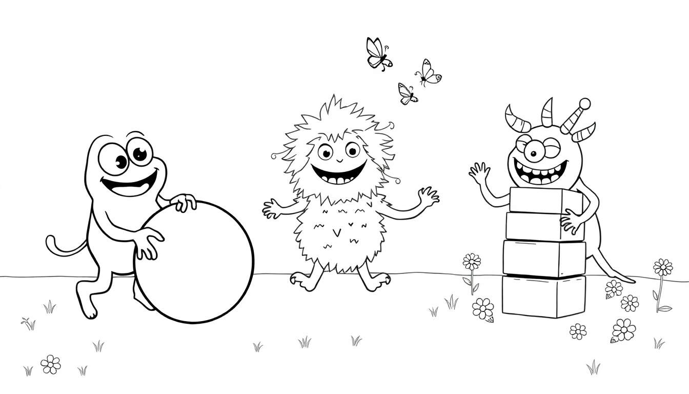 Tres adorables monstruos de dibujos animados sobre una placa de color para colorear.