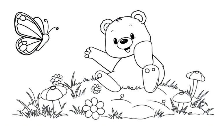 Oso de peluche saludando en un paisaje con flores y setas, listo para colorear con placa de color.
