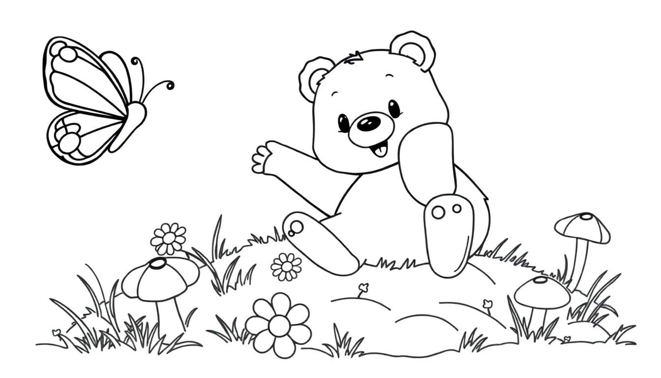 Oso de peluche saludando en un paisaje con flores y setas, listo para colorear con placa de color.