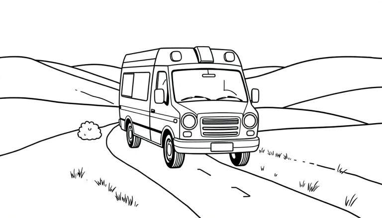 Una ambulancia de dibujos animados en blanco y negro sobre una carretera sinuosa, lista para ser coloreada, mostrando la placa de color.