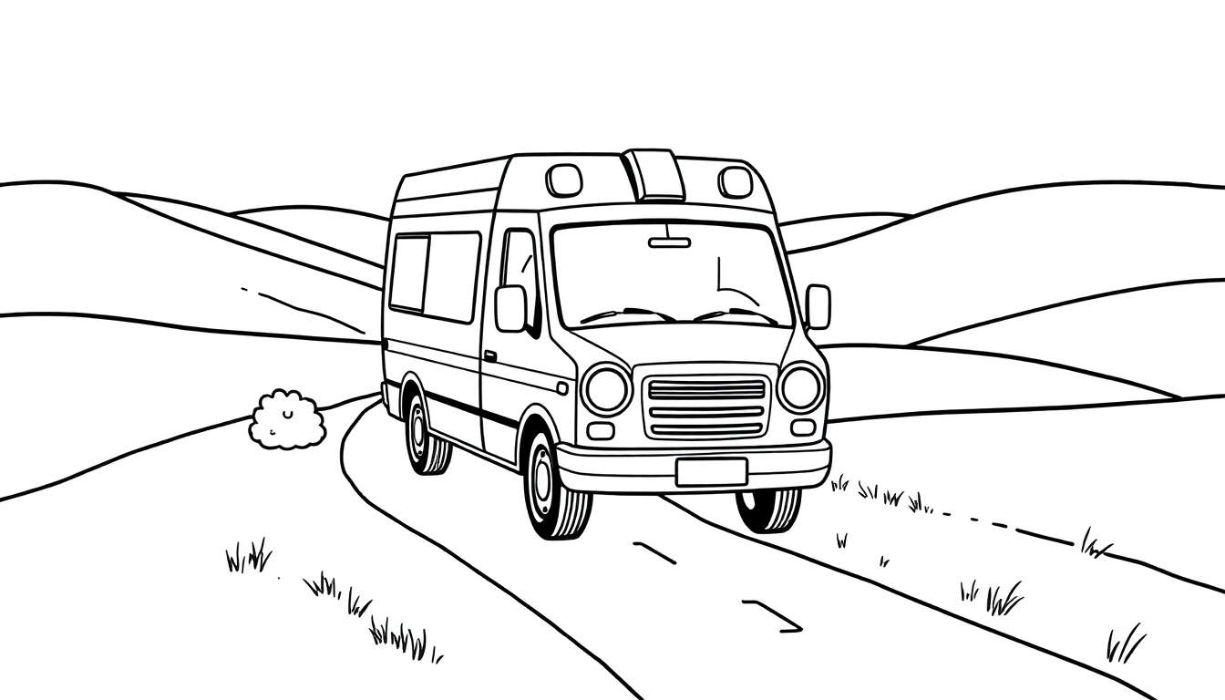 Una ambulancia de dibujos animados en blanco y negro sobre una carretera sinuosa, lista para ser coloreada, mostrando la placa de color.