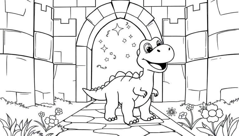 Dinosaurio amigable con placas para colorear delante de un castillo mágico.