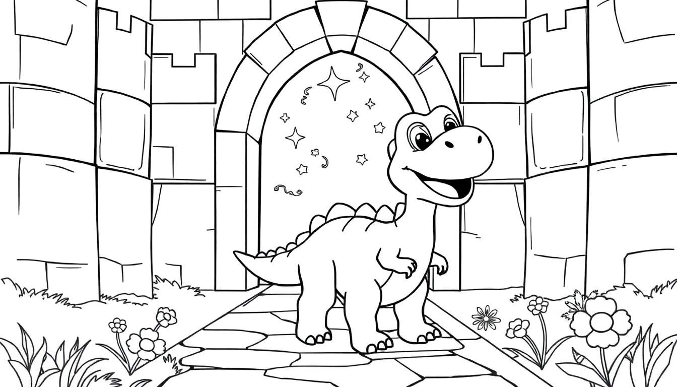 Dinosaurio amigable con placas para colorear delante de un castillo mágico.