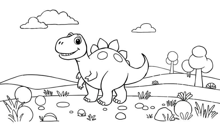 Un dinosaurio estegosaurio amigable con grandes placas en su espalda, explorando un paisaje verde y montañoso, listo para ser coloreado.