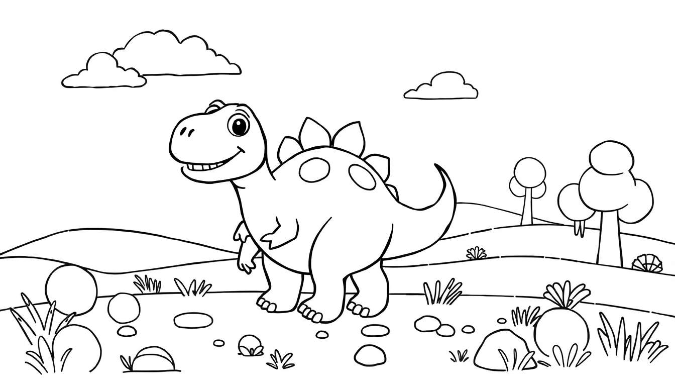 Un dinosaurio estegosaurio amigable con grandes placas en su espalda, explorando un paisaje verde y montañoso, listo para ser coloreado.