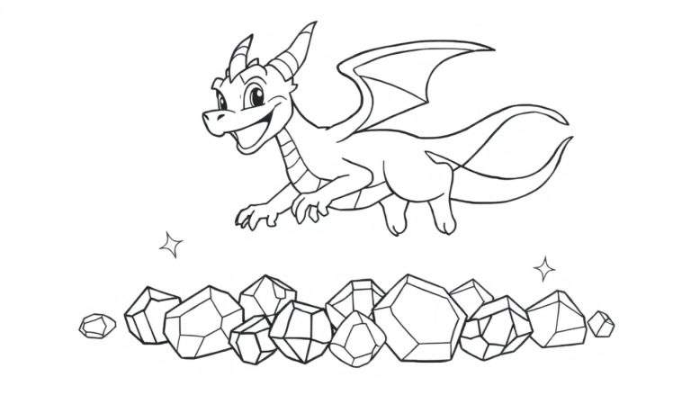 Spyro el dragón de dibujos animados volando sobre gemas, listo para una placa de color.