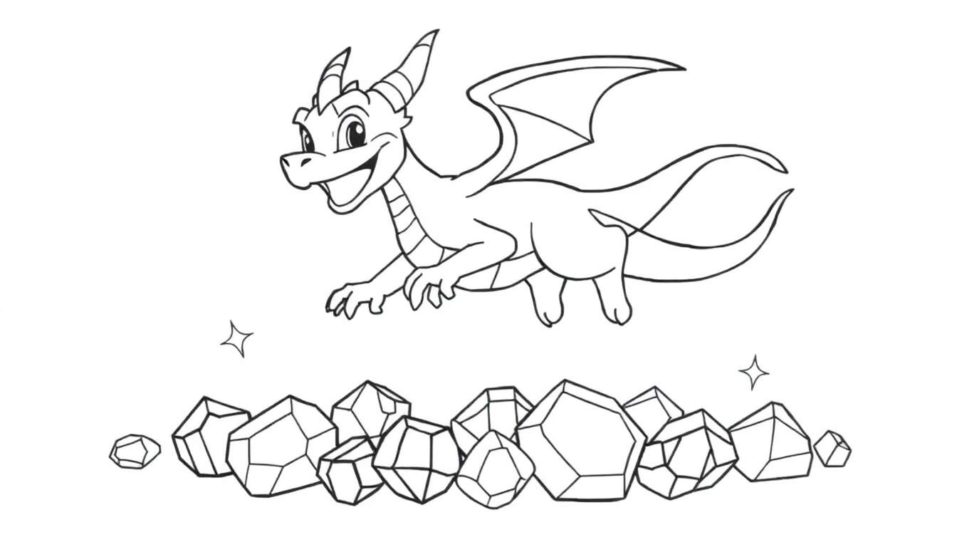 Spyro el dragón de dibujos animados volando sobre gemas, listo para una placa de color.