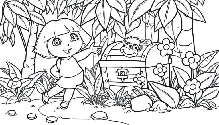 Placa de color en blanco y negro de Dora la Exploradora y Botas buscando un tesoro en la jungla.