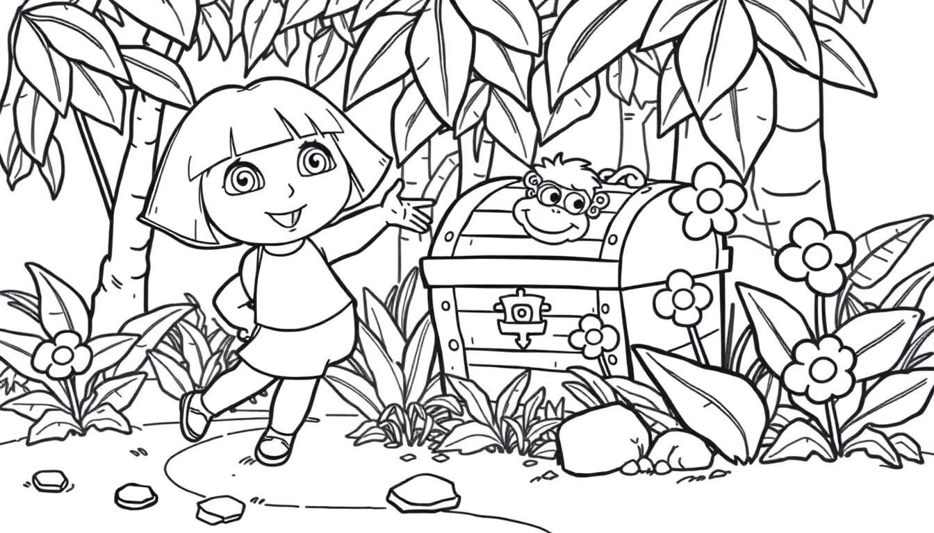 Placa de color en blanco y negro de Dora la Exploradora y Botas buscando un tesoro en la jungla.