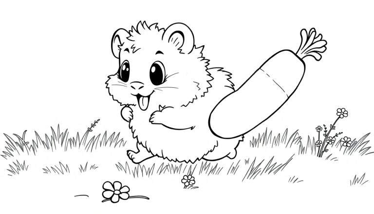 Un hámster de dibujos animados corriendo con una zanahoria, listo para colorear en una placa.