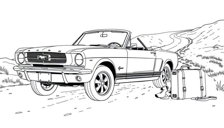 Un Ford Mustang convertible clásico para colorear, con la placa de color lista para una aventura.
