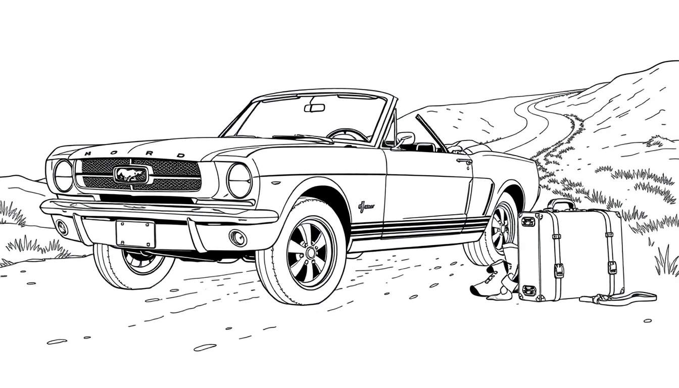 Un Ford Mustang convertible clásico para colorear, con la placa de color lista para una aventura.