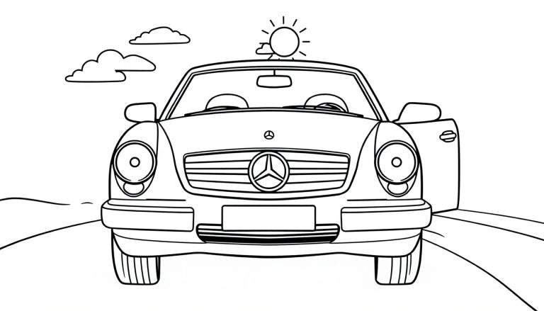 Página para colorear en blanco y negro de un adorable coche Mercedes-Benz clásico con una puerta abierta, listo para la aventura. Un sol feliz y nubes están en el cielo. El coche está en una carretera y es un diseño sencillo para niños, esperando la placa de color.