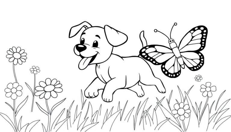 Placa de color de un cachorro persiguiendo una mariposa.