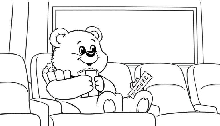 Osito de peluche disfrutando de palomitas en el cine, una placa de color para niños.
