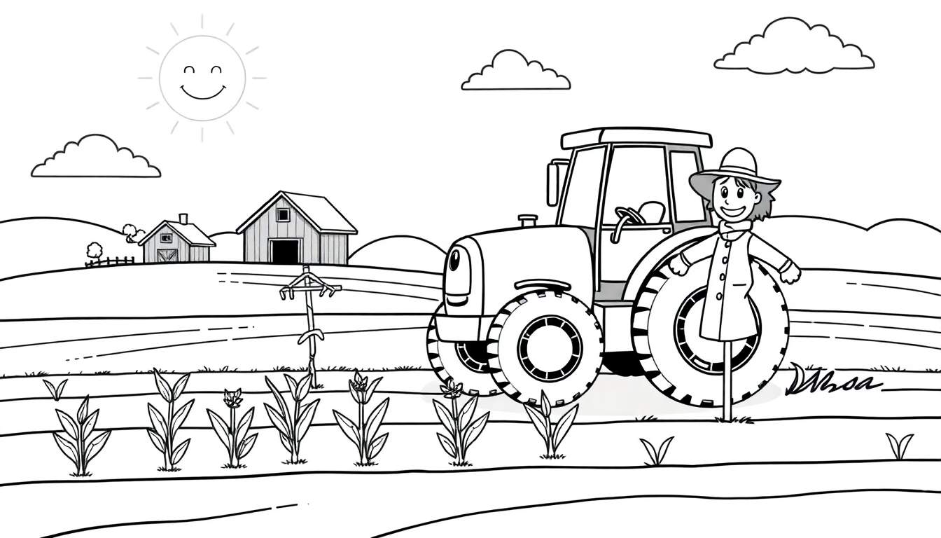 Placa de color de un tractor amigable en una granja.