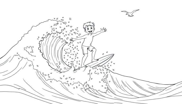 Niño surfista sonriente sobre una ola, listo para colorear. Placa de color marino.