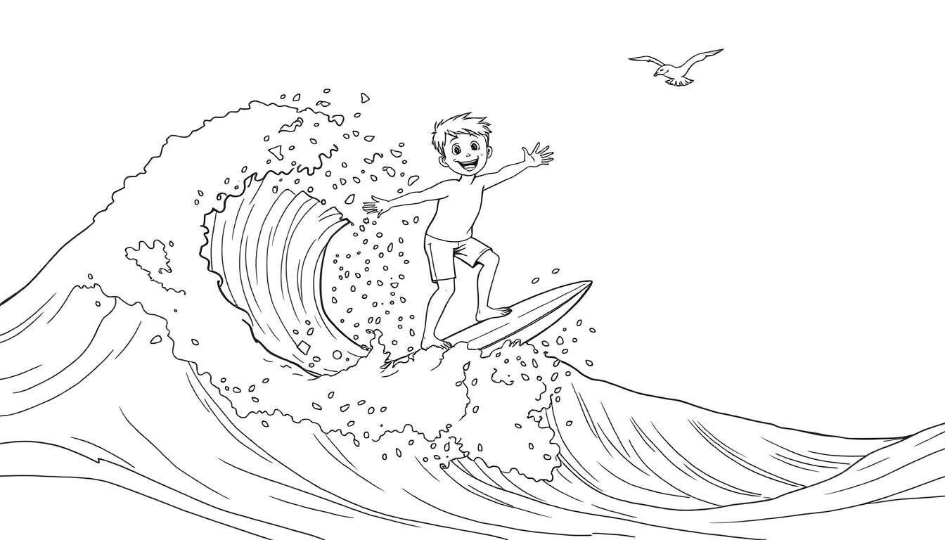 Niño surfista sonriente sobre una ola, listo para colorear. Placa de color marino.