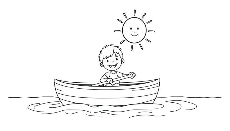 Placa de color de un niño remando feliz en un bote.