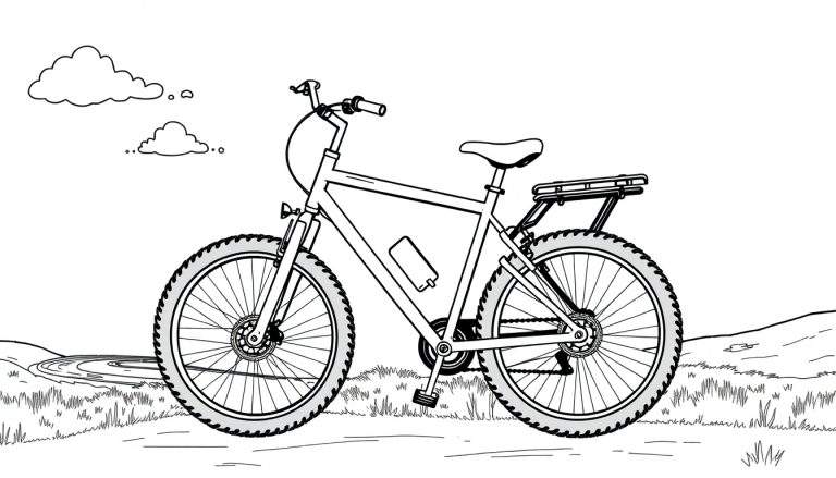 Bicicleta de montaña para colorear con llantas grandes y un asiento cómodo, lista para la aventura. Contiene la placa de color.