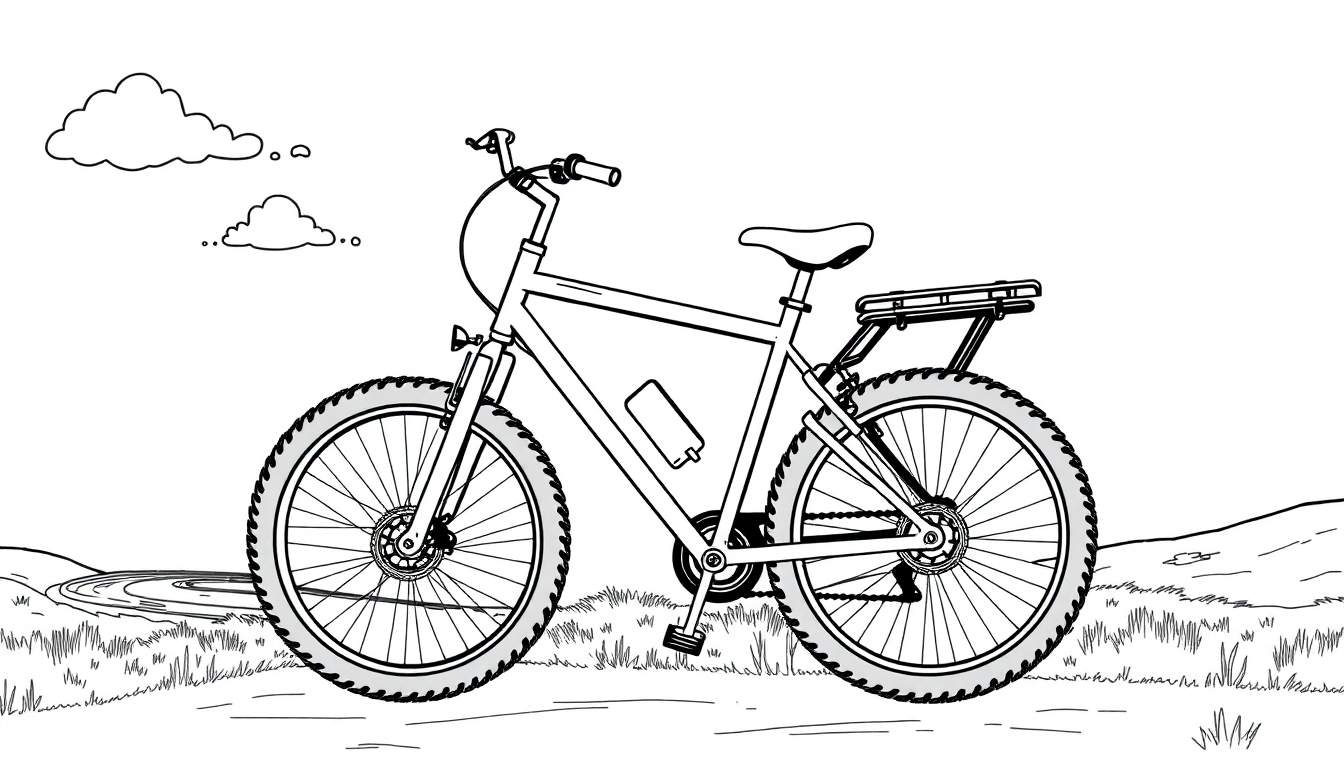 Bicicleta de montaña para colorear con llantas grandes y un asiento cómodo, lista para la aventura. Contiene la placa de color.