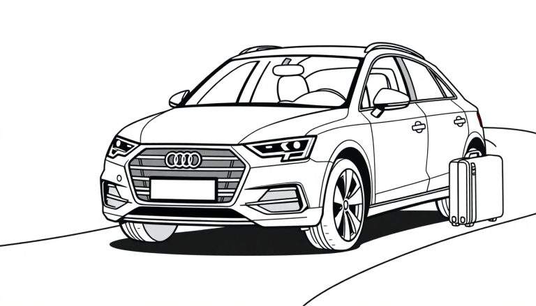 Un coche Audi Q3 estilo línea en blanco y negro, con una maleta al lado, listo para colorear y una placa de color para la aventura.