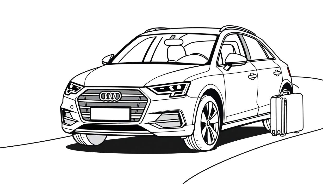 Un coche Audi Q3 estilo línea en blanco y negro, con una maleta al lado, listo para colorear y una placa de color para la aventura.