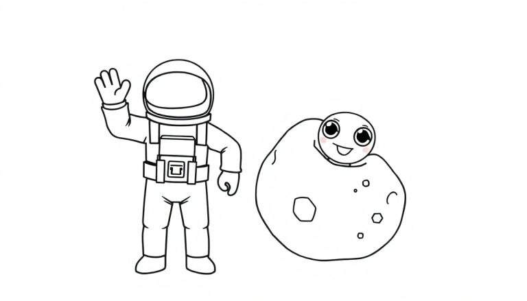 Astronauta de Among Us sonriendo a un asteroide amistoso, listo para colorear con placa de color.