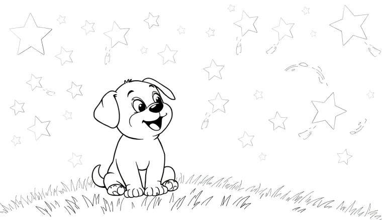 Un perrito adorable contando estrellas fugaces en blanco y negro, para colorear, con la placa de color del cielo estrellado.