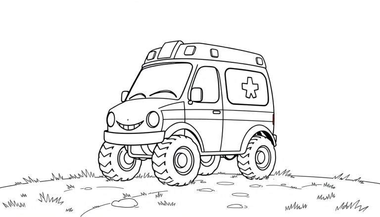 Dibujo de una ambulancia sonriente con ruedas grandes, lista para la aventura, con una placa de color para que los niños la pinten.