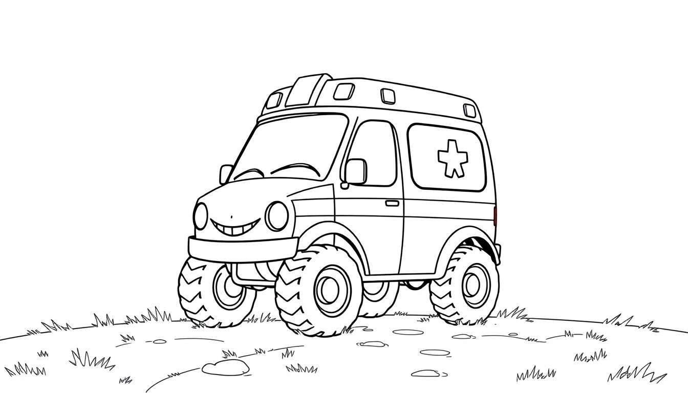 Dibujo de una ambulancia sonriente con ruedas grandes, lista para la aventura, con una placa de color para que los niños la pinten.