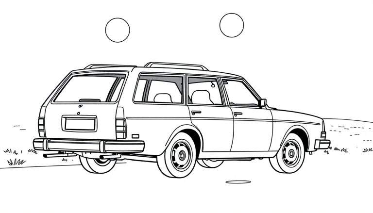 Un coche familiar clásico de color plateado listo para ser coloreado, con dos soles brillantes sobre él.