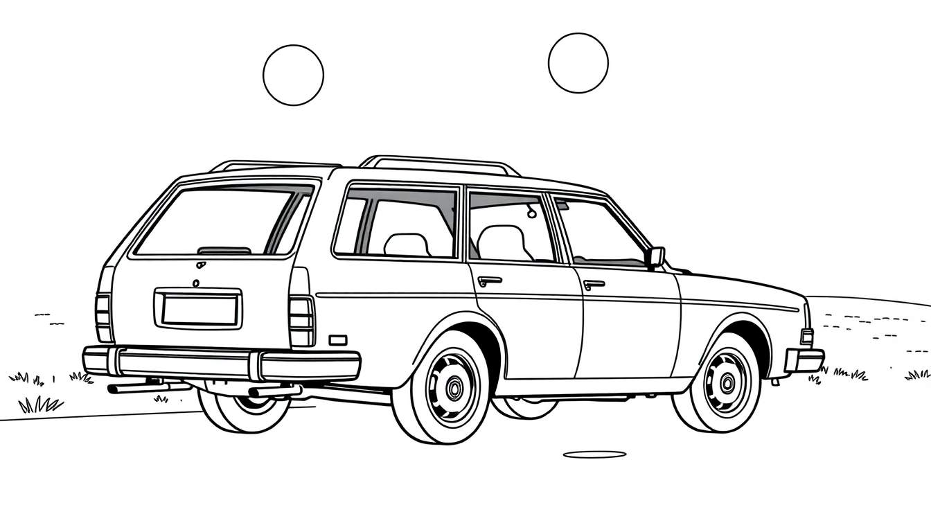 Un coche familiar clásico de color plateado listo para ser coloreado, con dos soles brillantes sobre él.