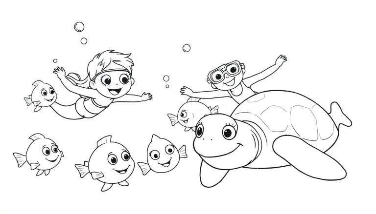 Placa de color de un niño y una niña nadando con peces y una tortuga en el mar.