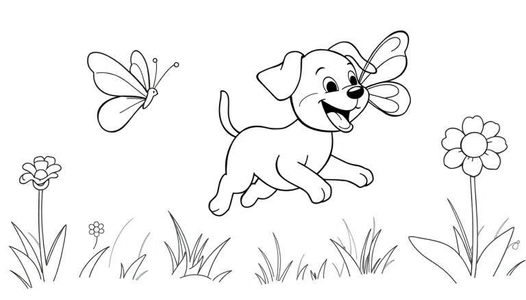 Un cachorro de dibujo lineal salta persiguiendo una mariposa en un campo de flores y hierba, ideal para una placa de color.