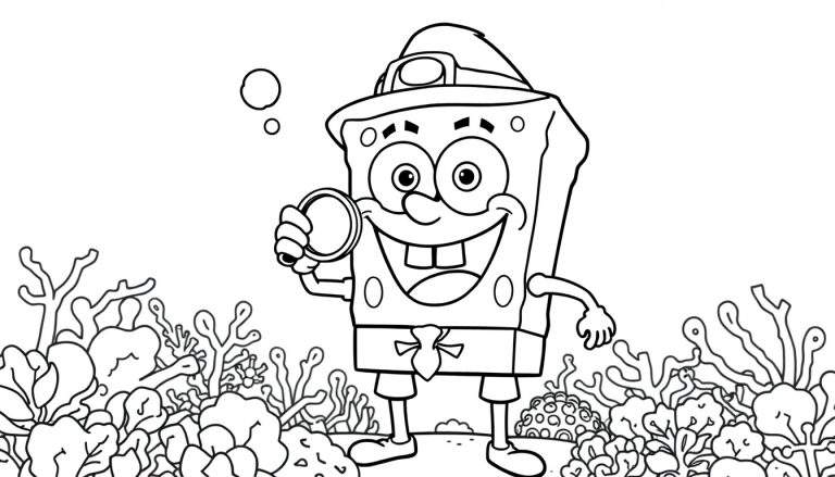 Placa de color de Bob Esponja en un jardín submarino listo para colorear.