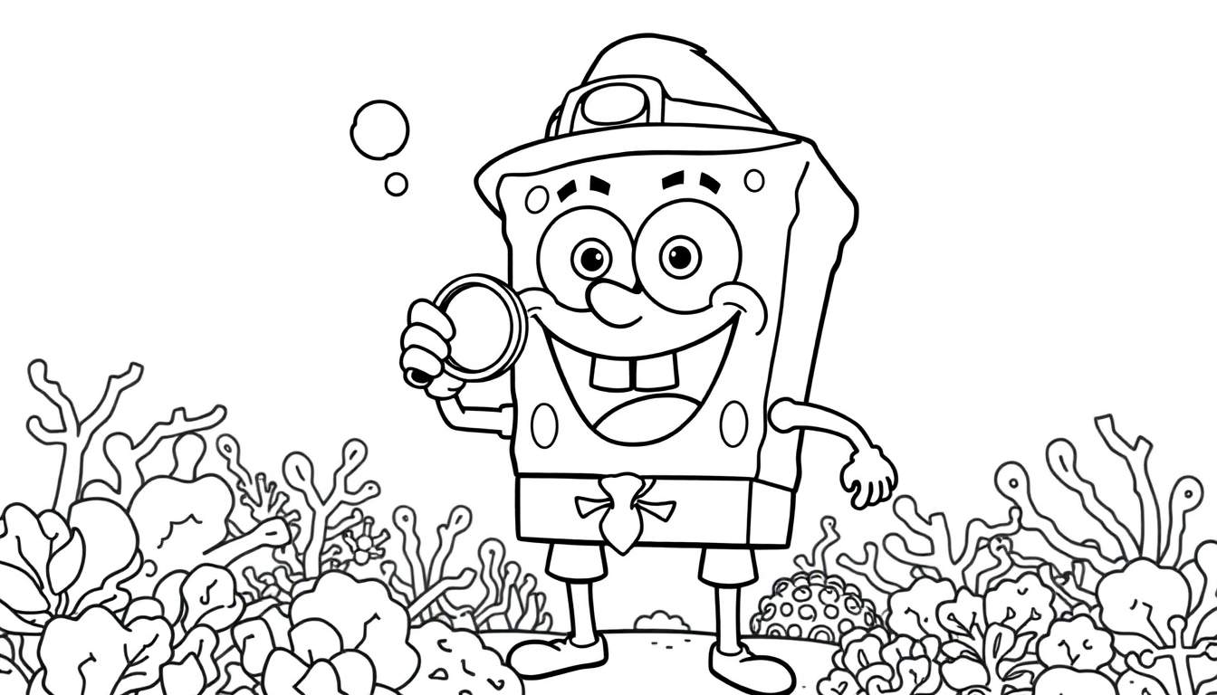 Placa de color de Bob Esponja en un jardín submarino listo para colorear.