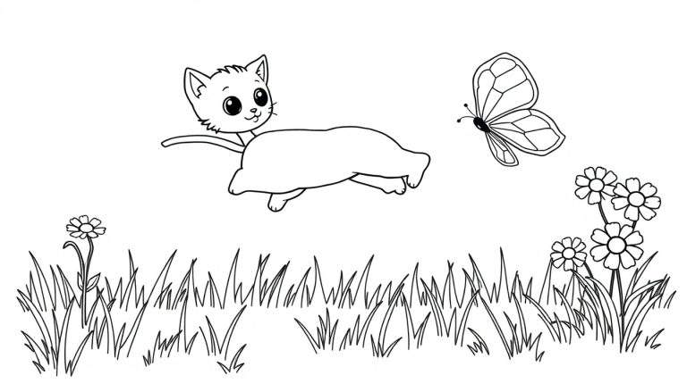 Un gatito de dibujos animados saltando en un prado, página para colorear de placa de color.