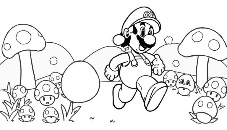 Mario corriendo en el Reino Champiñón, una página para colorear