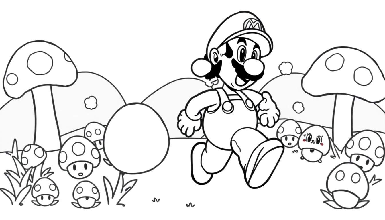 Mario corriendo en el Reino Champiñón, una página para colorear