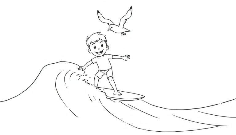 Placa de color de un niño sonriente surfeando una ola con una gaviota feliz volando.