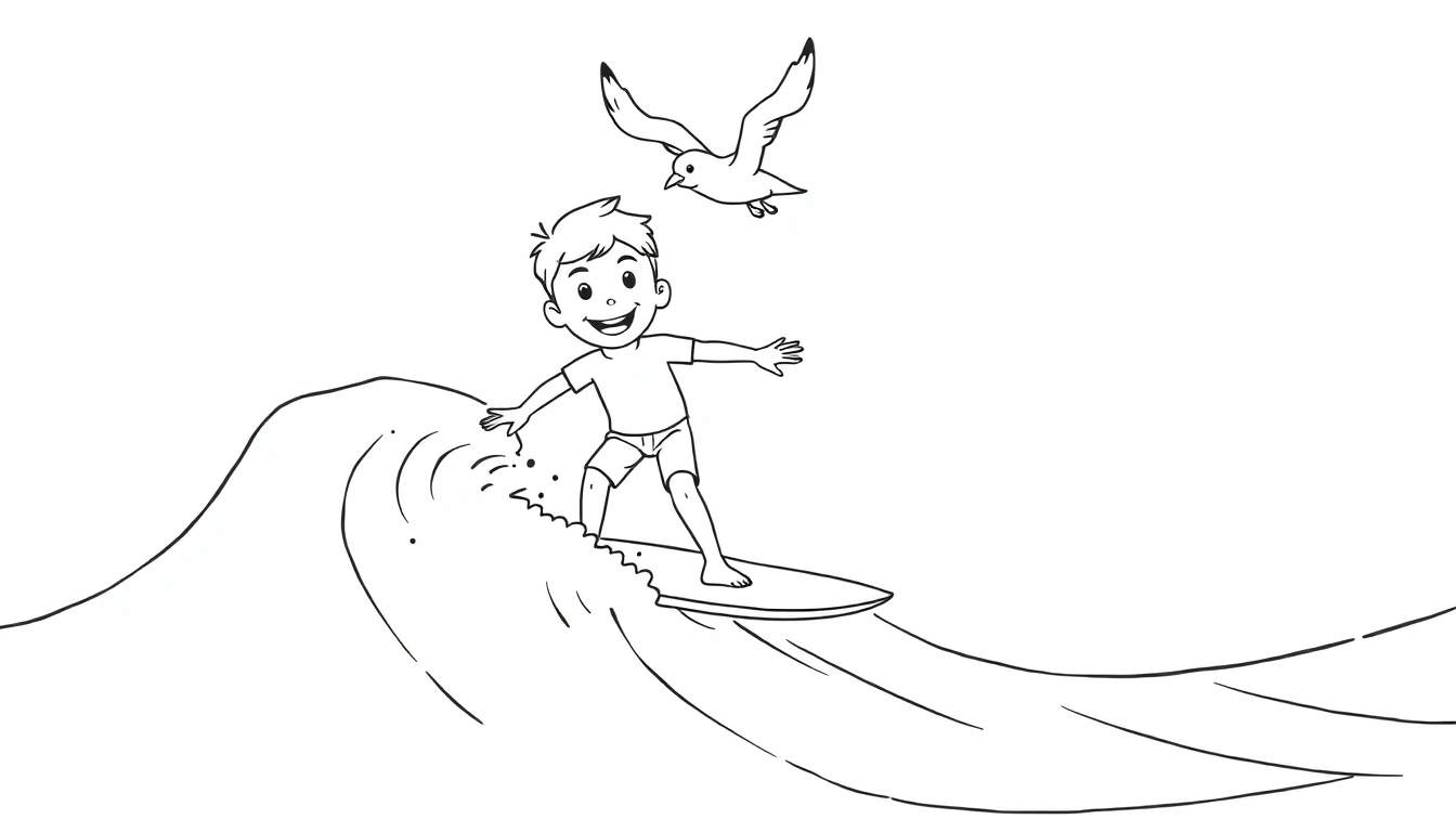 Placa de color de un niño sonriente surfeando una ola con una gaviota feliz volando.